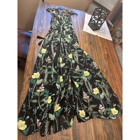 Lulus Floral Maxi‎ Dress Black Yellow Pink Botanical Print Ruffle Sleeve - Picture 3 of 17
